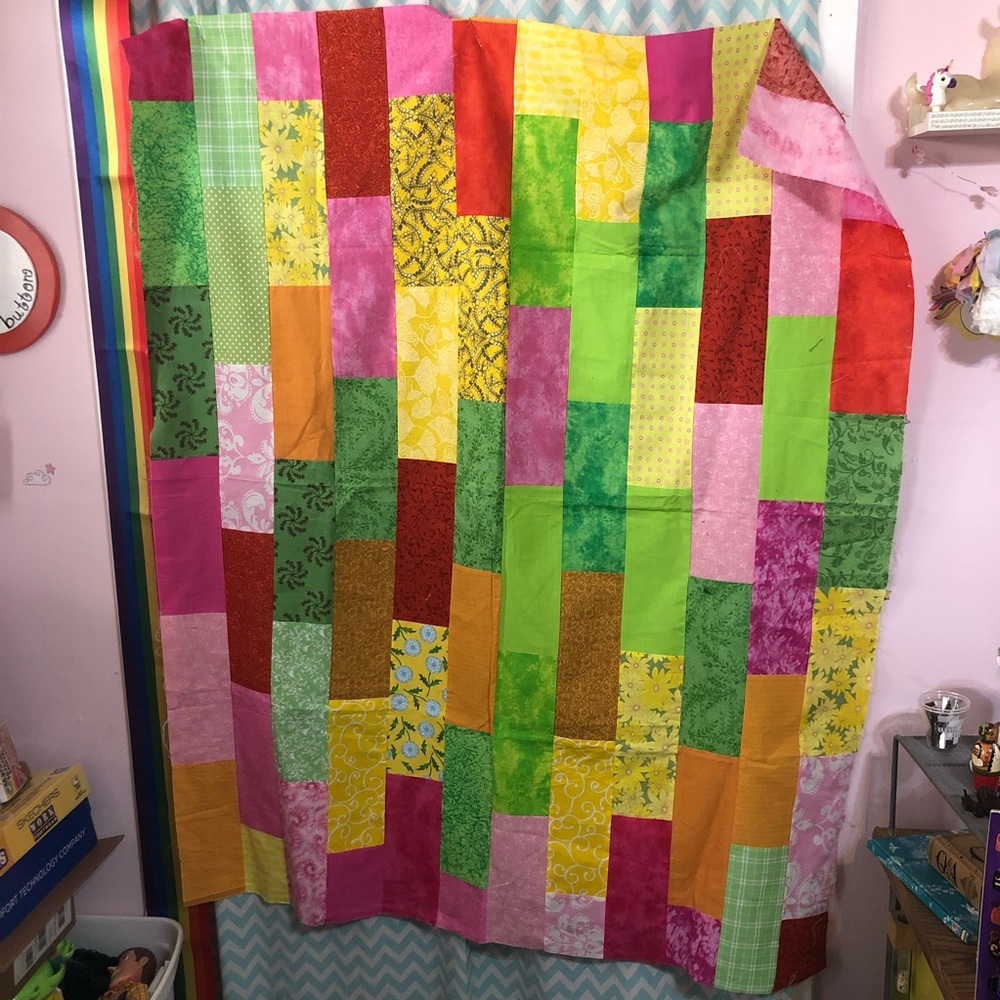 Bright rectangles unfinished quilt top 52x42.5 inches cotton fabric